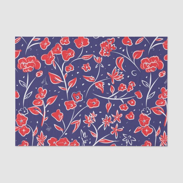 Red and Blue Floral Pattern Tissue Paper (Front)
