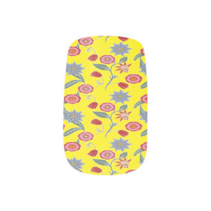 Red and blue floral print on yellow minx nail art