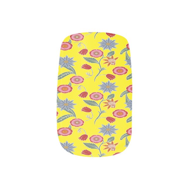 Red and blue floral print on yellow minx nail art (Left Thumb)