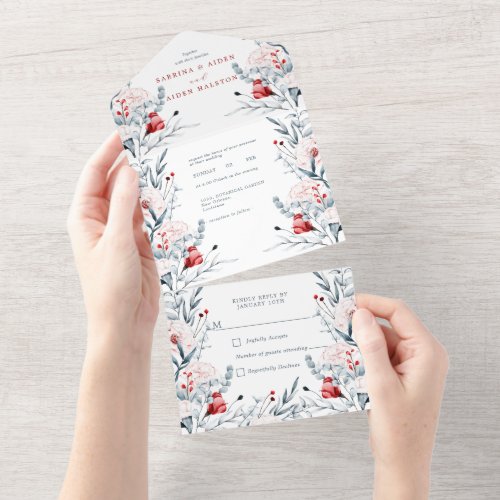 Red And Blue Flower Floral Wedding  All In One Invitation