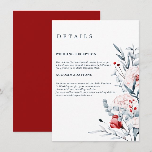 Red And Blue Flower Floral Wedding Details  Enclosure Card (Front/Back)