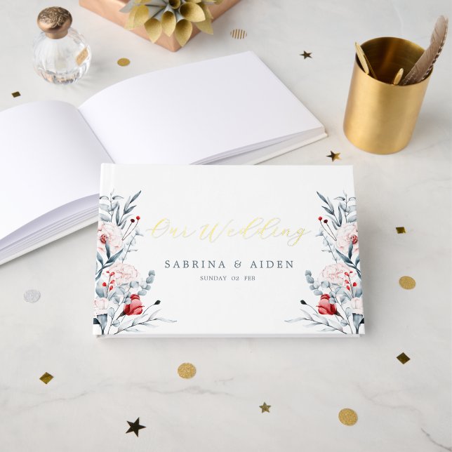 Red And Blue Flower Floral Wedding  Foil Guest Book (Front Open)