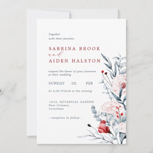 Red And Blue Flower Floral Wedding Invitation