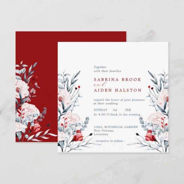 Red And Blue Flower Floral Wedding  Invitation (Front/Back)