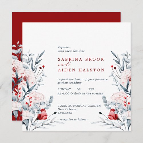 Red And Blue Flower Floral Wedding  Invitation