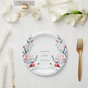 Red And Blue Flower Floral Wedding Paper Plates