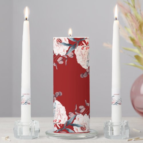 Red And Blue Flower Floral Wedding  Red Unity Candle Set