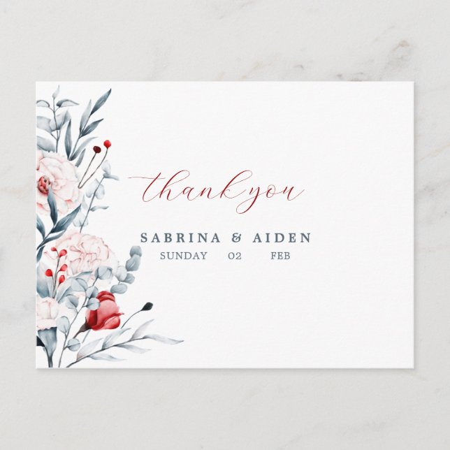 Red And Blue Flower Floral Wedding Thank You Postcard (Front)