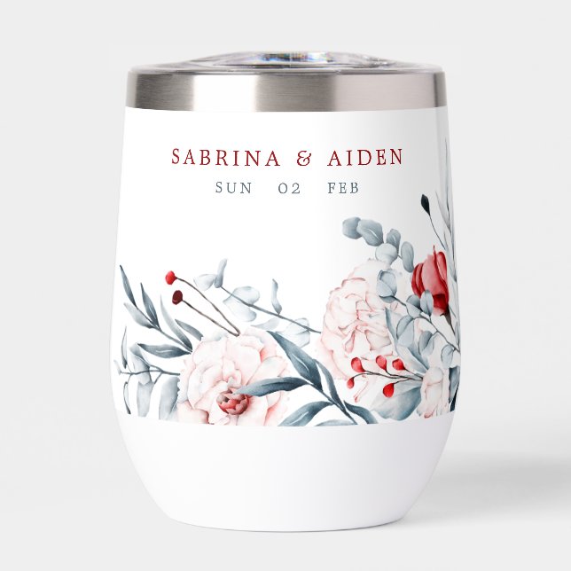 Red And Blue Flower Floral Wedding  Thermal Wine Tumbler (Front)