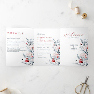 Red And Blue Flower Floral Wedding Tri-Fold Announcement