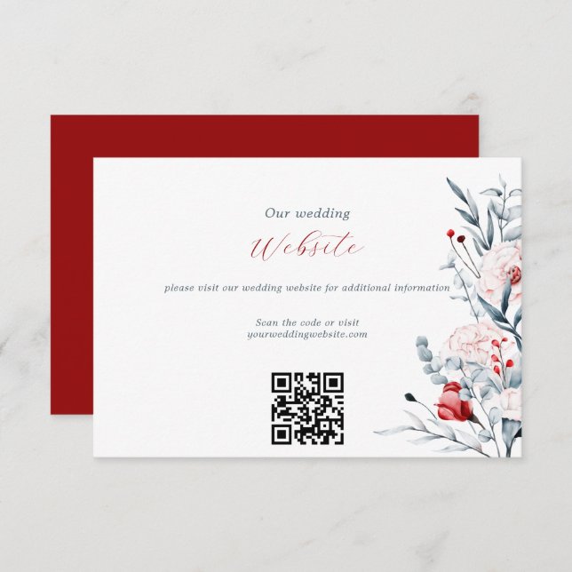 Red And Blue Flower Floral Wedding Website QR Code Enclosure Card (Front/Back)
