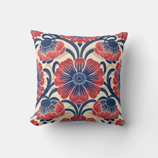 Red and Blue Flower Pattern Throw Pillow (Front)