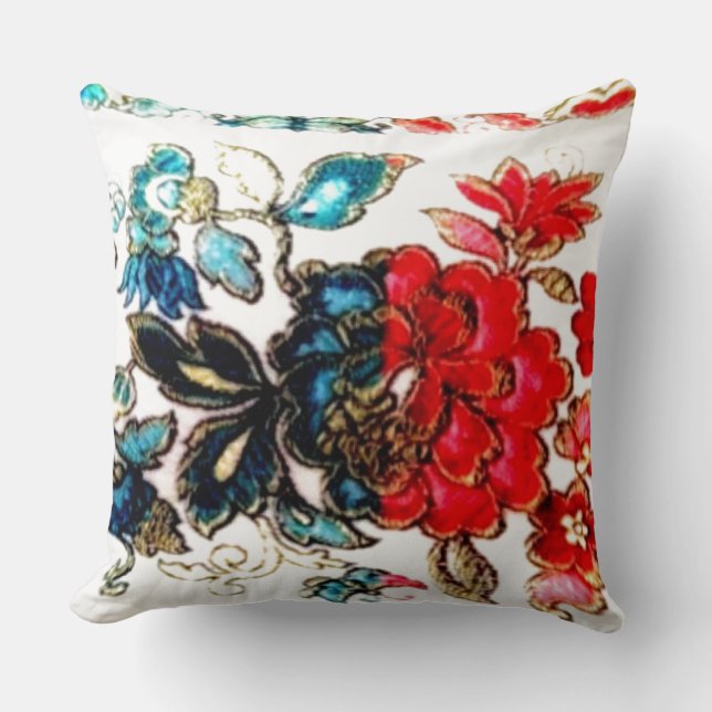 Red And Blue Flower Throw Pillow (Front)