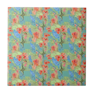 Red and Blue Flowers and Green Leaves Tile