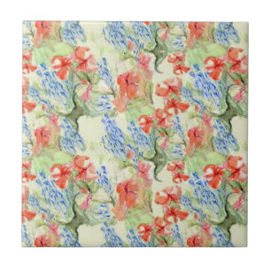 Red and Blue Flowers in Retro Style Ceramic Tile