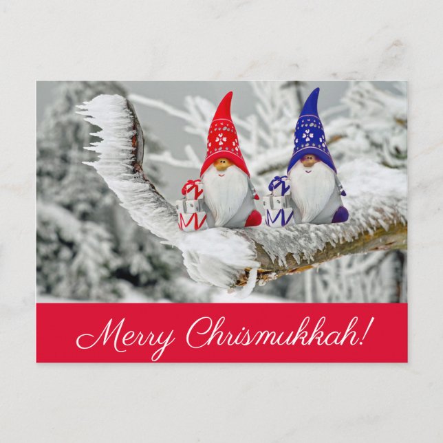 Red and Blue Fun Chrismukkah Santa Elves Postcard (Front)