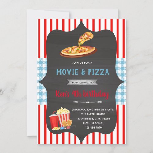Red and blue gingham pizza movie theme Invitation