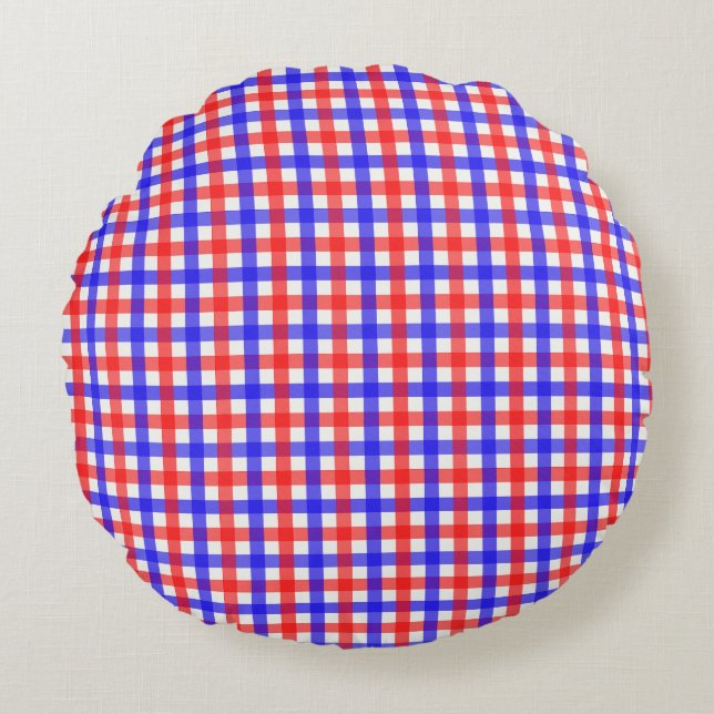 Red And Blue Gingham Plaid Round Pillow (Front)