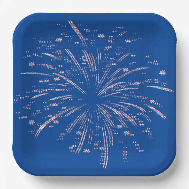 Red and Blue Glitter Fireworks  Paper Plates (Front)