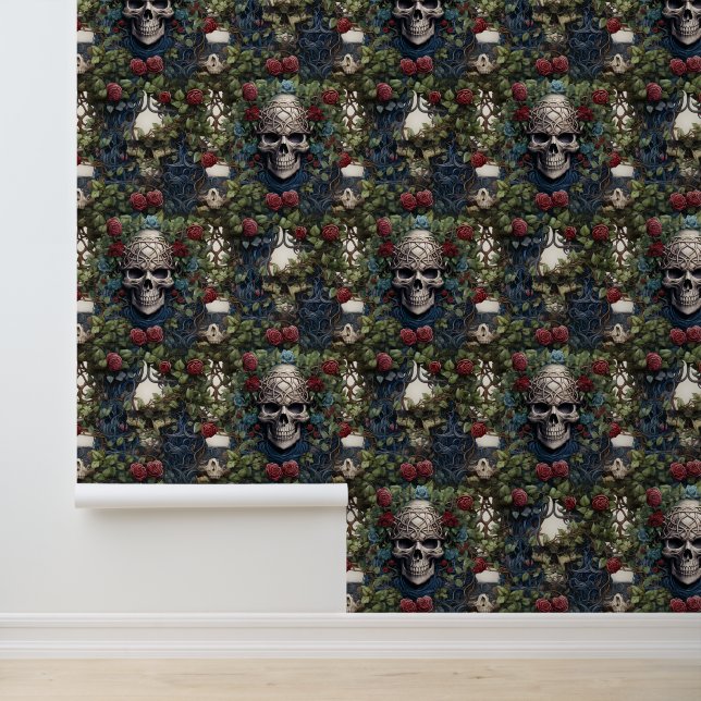 Red and Blue Gothic Skulls Roses Celtic Knotwork Wallpaper (Application)