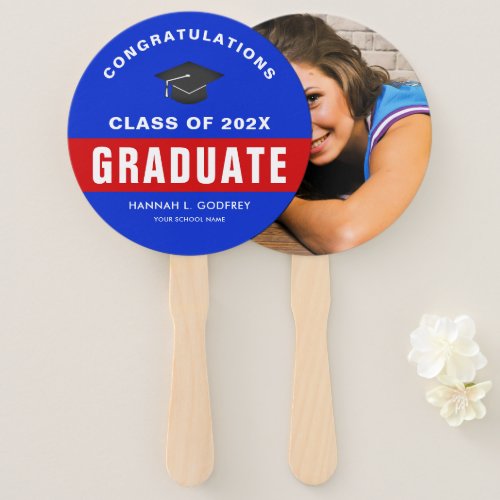 Red and Blue Graduation Congratulations Photo Hand Fan