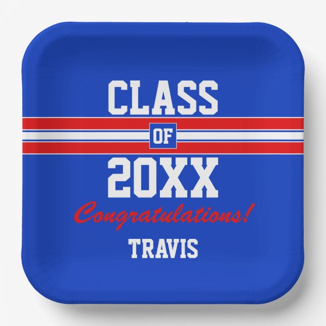 Red and Blue Graduation Custom Congratulations Paper Plates (Front)