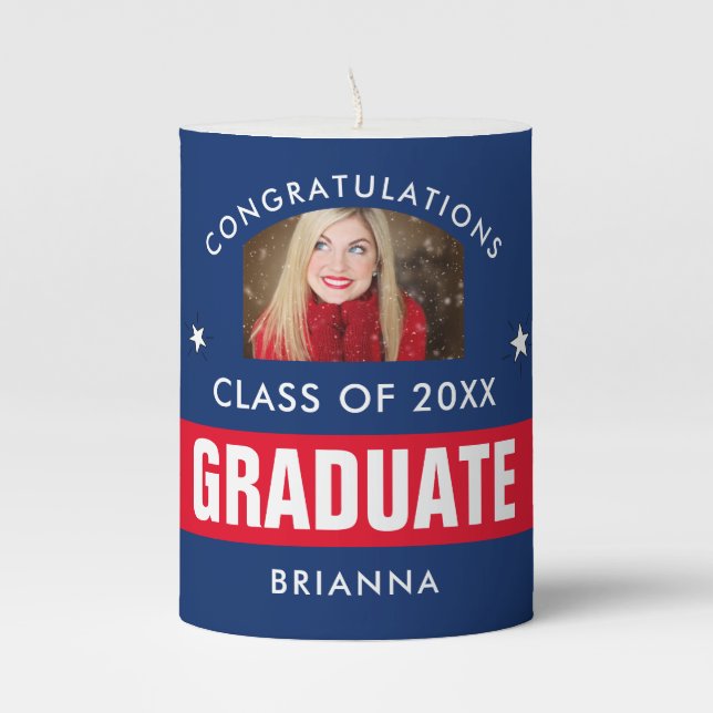 Red and Blue Graduation Personalized Pillar Candle (Front)