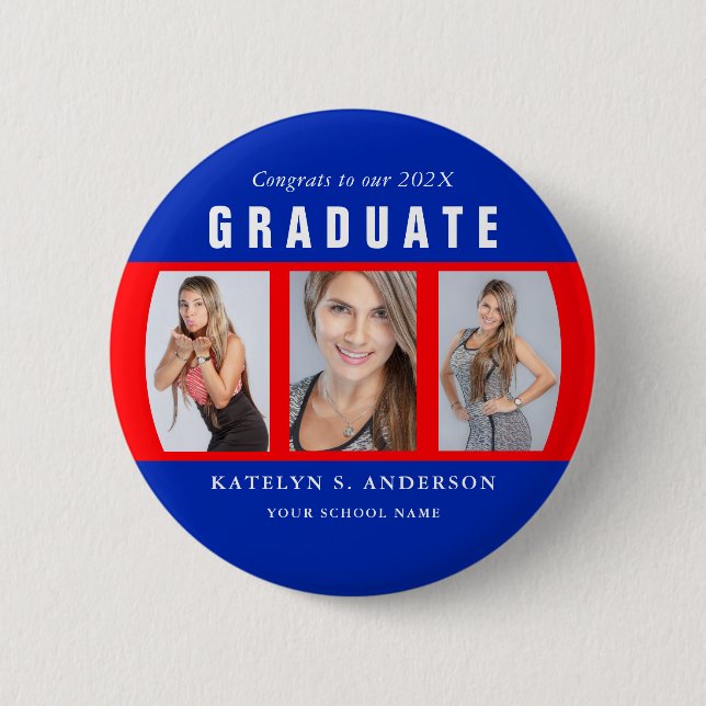 Red and Blue Graduation Photo Collage Custom Button (Front)