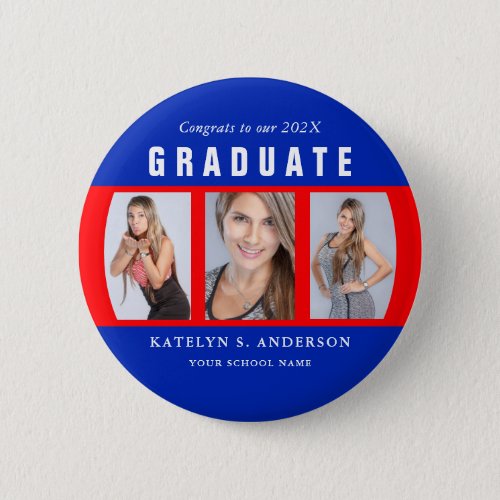 Red and Blue Graduation Photo Collage Custom Button