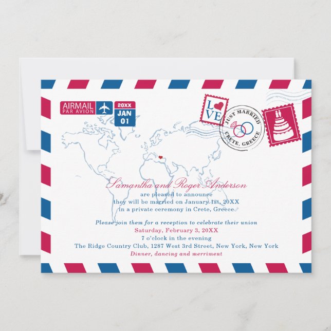 Red and Blue Greece Airmail Post Wedding Reception Invitation (Front)
