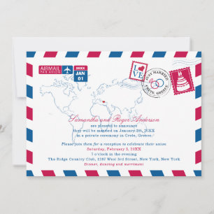 Red and Blue Greece Airmail Post Wedding Reception Invitation