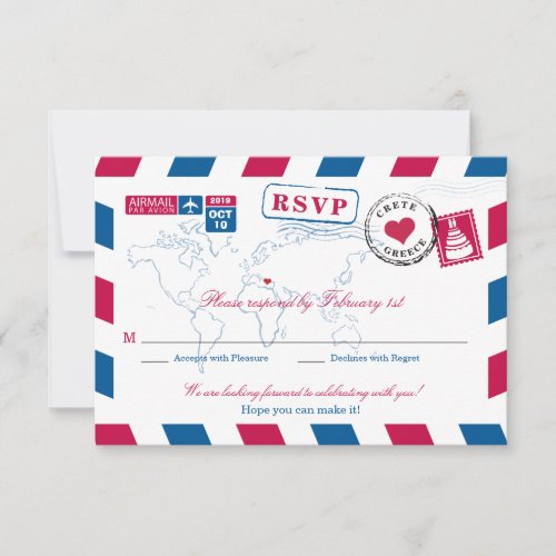 Red and Blue Greece Airmail Wedding RSVP Invitation