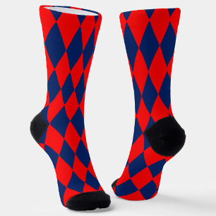 Red and Blue Harlequin Checkered Design Socks
