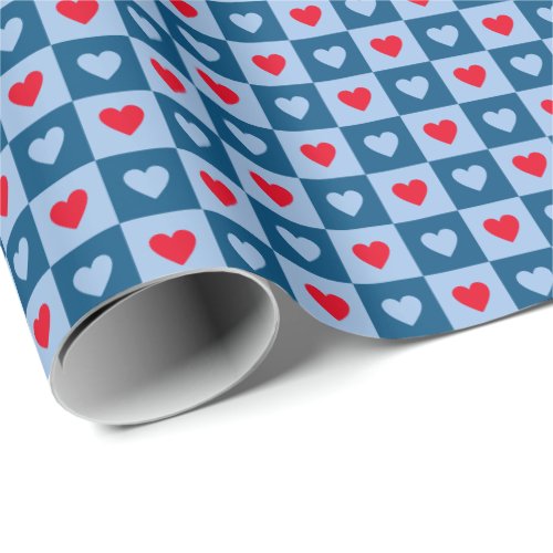 Red and Blue Hearts Checkerboard Valentines Day Wrapping Paper