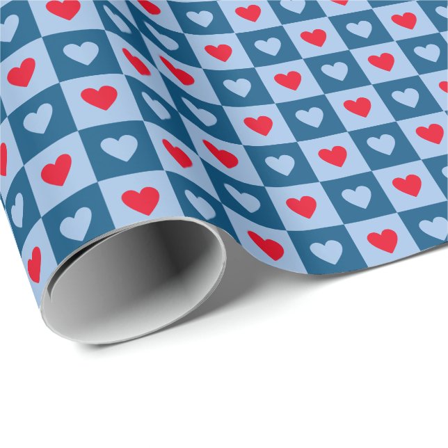 Red and Blue Hearts Checkerboard Valentine's Day Wrapping Paper (Roll Corner)