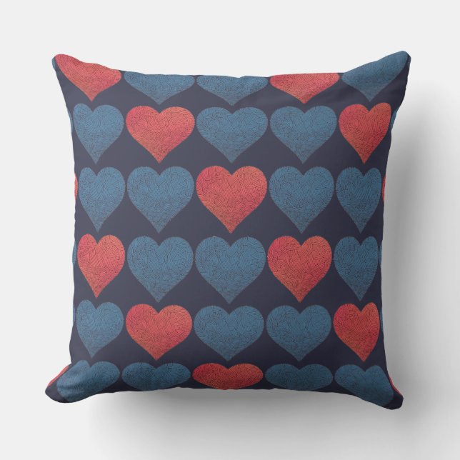 Red and Blue Hearts Pattern Throw Pillow (Front)