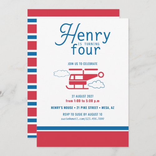 Red and Blue Helicopter Birthday Invitation