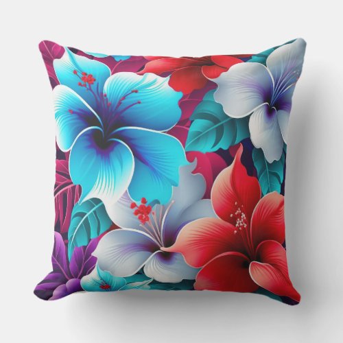 Red And Blue Hibiscus Flowers Outdoor Pillow