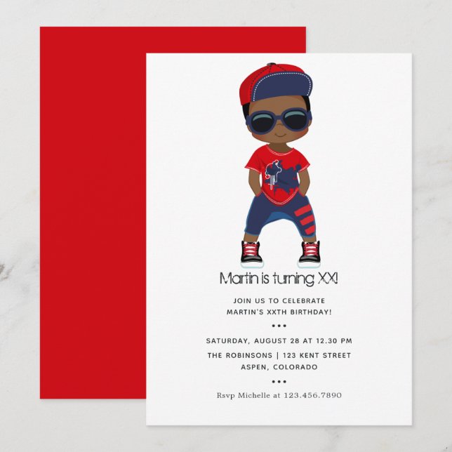 Red and Blue Hip Hop themed Boy Birthday Invitation (Front/Back)