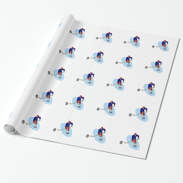 RED AND BLUE HOCKEY PLAYER WRAPPING PAPER (Unrolled)