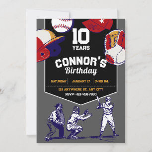Red and blue illustrated baseball birthday party invitation