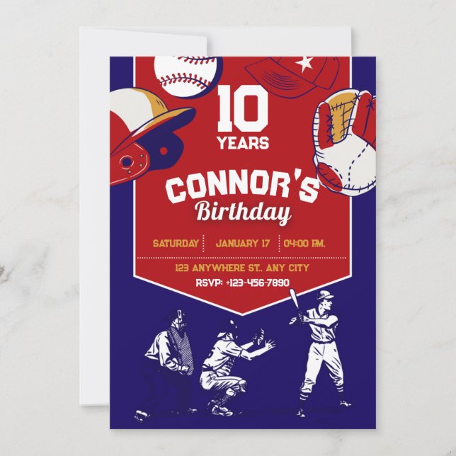 Red and blue illustrated baseball birthday party  invitation (Front)