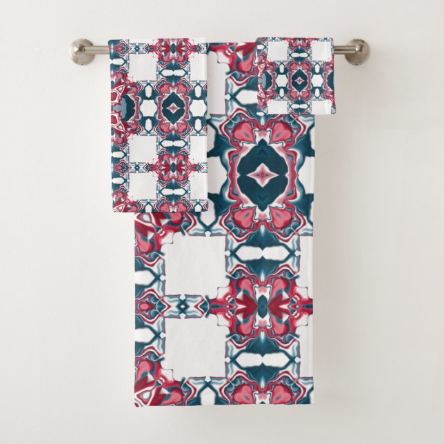 Red and Blue Kaleidoscope Pattern Bath Towel Set (Insitu)