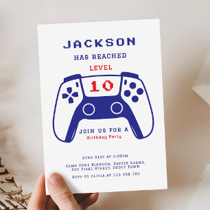 Red and Blue Level Up Gamer Boys Birthday Party Invitation