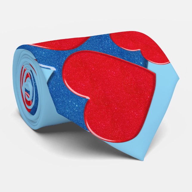 Red and Blue Love Hearts on light blue background Neck Tie (Rolled)