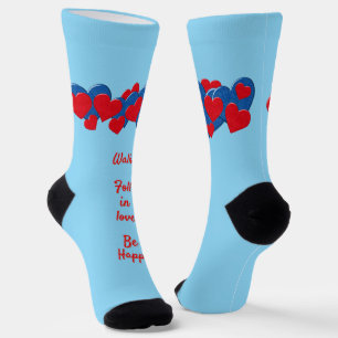 Red and Blue Love Hearts on light blue background Socks