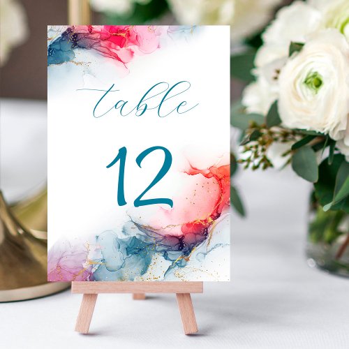 Red and blue Marble Faux Gold Foil Wedding Table Number