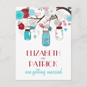 Red and Blue Mason Jars Save the Date Postcard