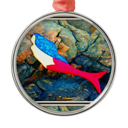 red and blue mermaid metal ornament