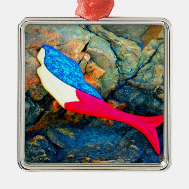 red and blue mermaid metal ornament (Front)